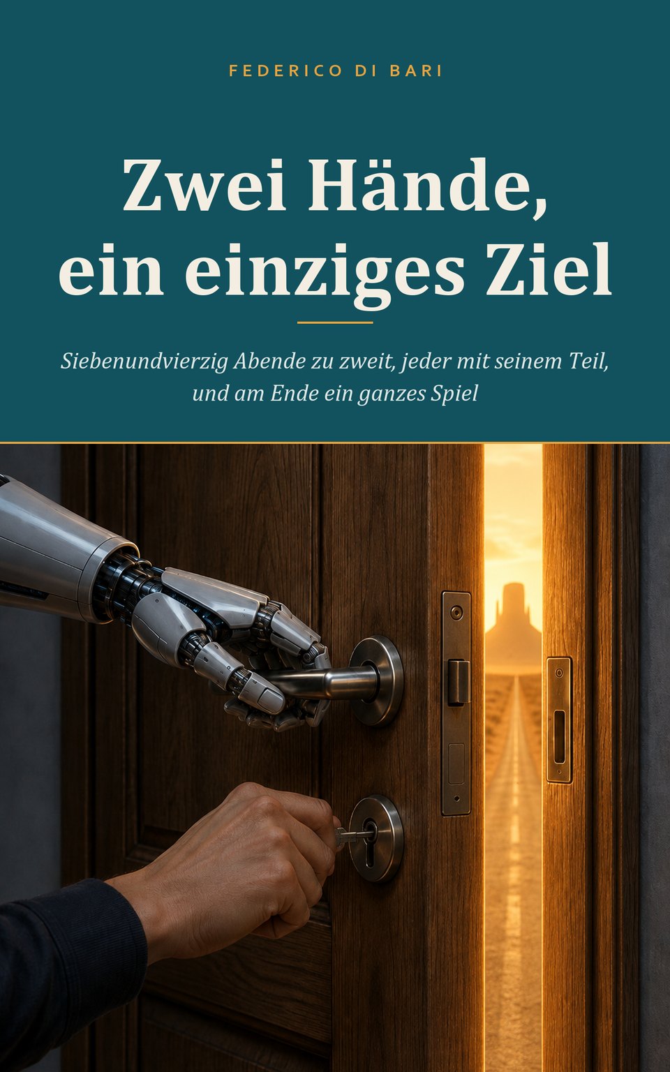 Umschlag von «Zwei Hände, ein einziges Ziel»: eine menschliche Hand dreht den
              Schlüssel im Schloss einer angelehnten Tür, während ein Roboterarm die
              Klinke hält.