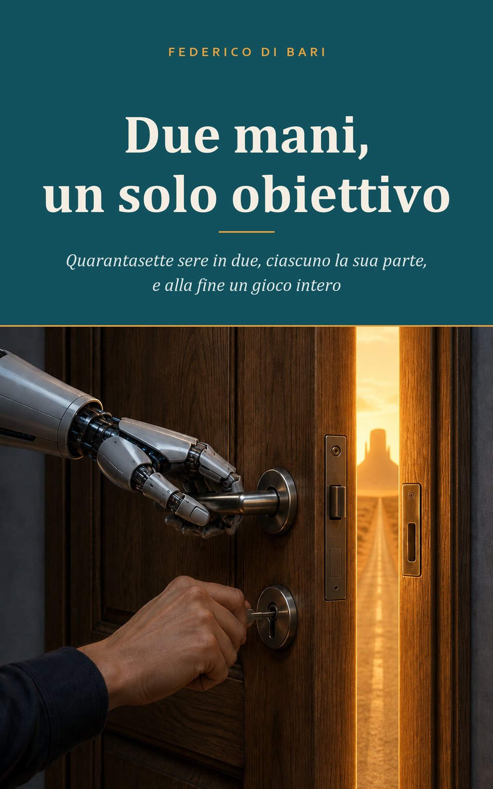 Copertina di «Due mani, un solo obiettivo»: una mano umana gira la chiave nella toppa
              di una porta socchiusa mentre un braccio robotico ne stringe la maniglia.