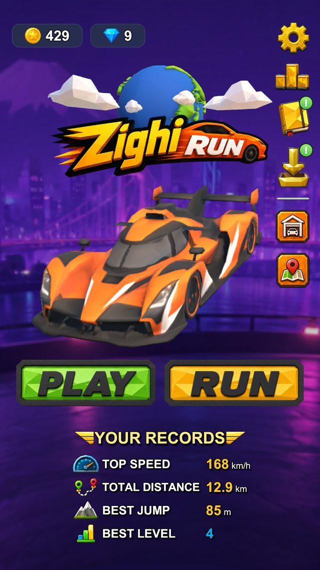 The home screen over Tokyo by night: the chosen car on show behind the logo, the PLAY and RUN buttons and the player's four records