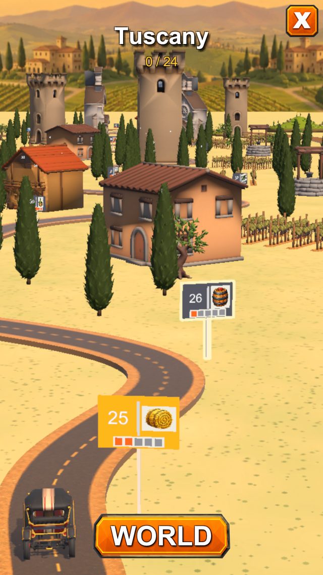 The mission map of Tuscany: a relief model with the road winding between vineyards, cypresses and a tower