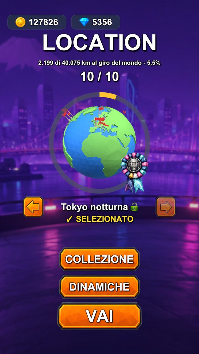 La schermata LOCATION: il globo del giro del mondo con le bandierine piantate, e Tokyo notturna selezionata